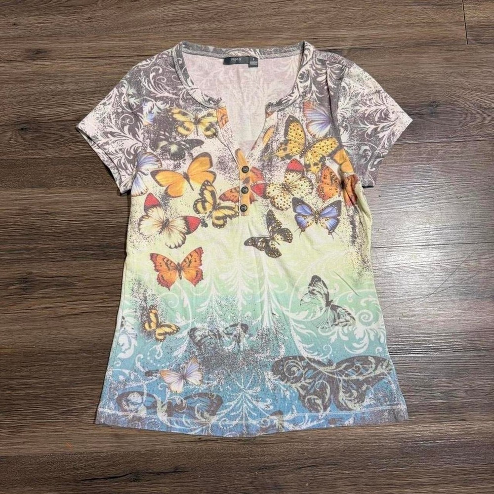 Vintage Y2K Apt. 9 butterfly print button up Henley t-shirt top Size S